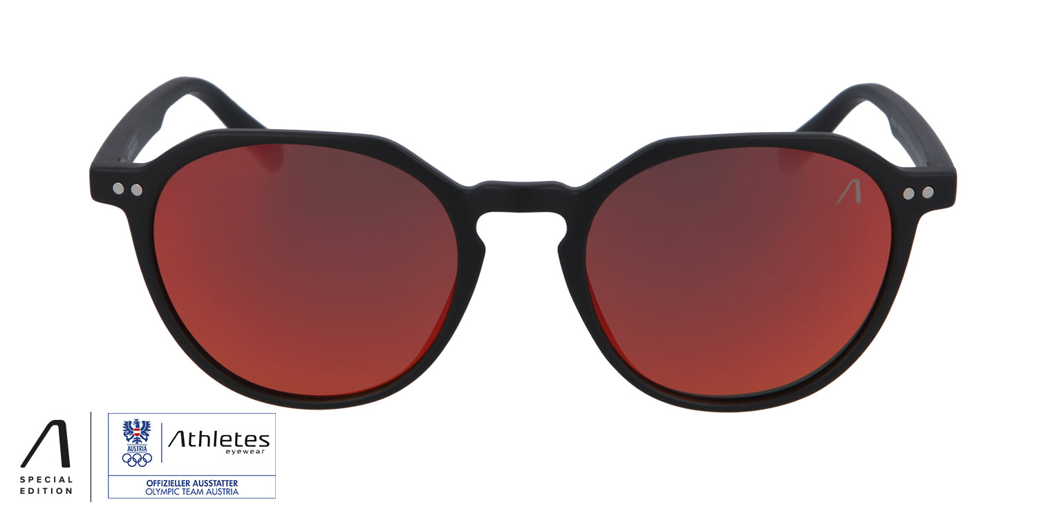 Schwarze Sonnenbrille mit roten Gläsern, Frontalansicht, Special Edition des Olympic Team Austria