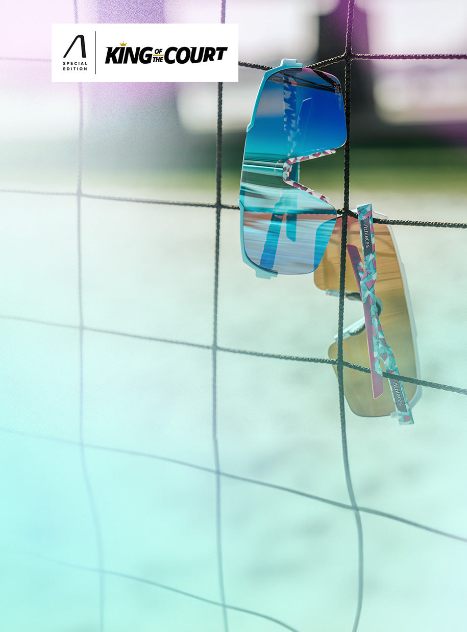 Sonnenbrillen für Sportler an einem Volleyballnetz, Sonderedition 'King of the Court'.