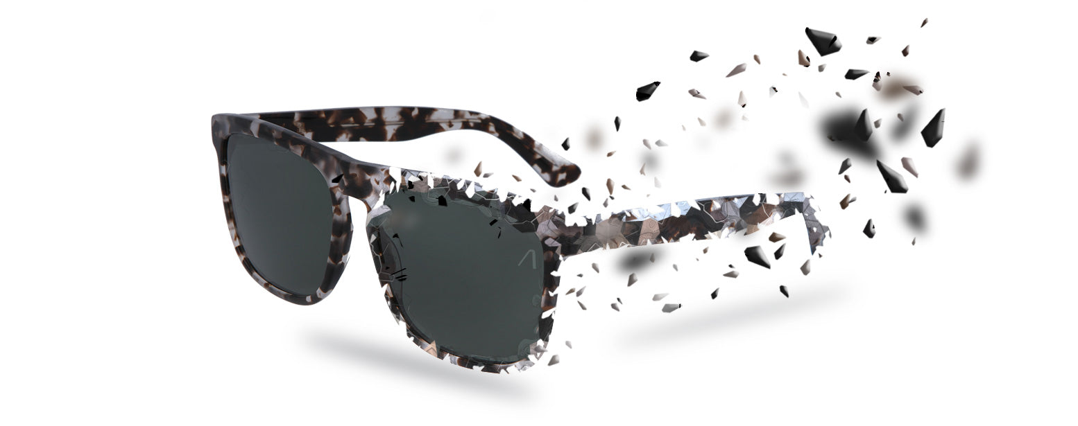 Dynamische Darstellung einer zerbröckelnden Sonnenbrille in einem digitalen Zerfallseffekt